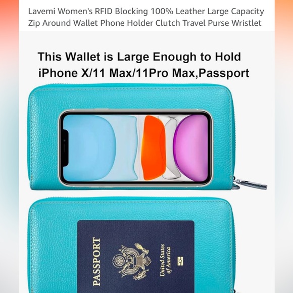 RFID Blocking Leather Zip Around Wallet Phone Holder Clutch Wristlet - Picture 10 of 11